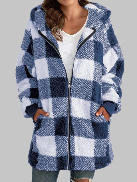 Plaid Zip-Up Hooded Jacket with Pockets Peacock  Blue S 