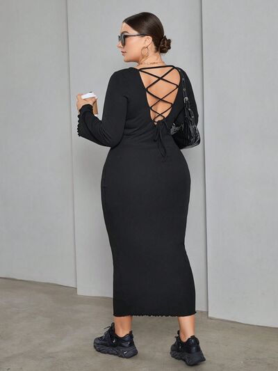 Plus Size Lace-Up Round Neck Wrap Dress Black 1XL 
