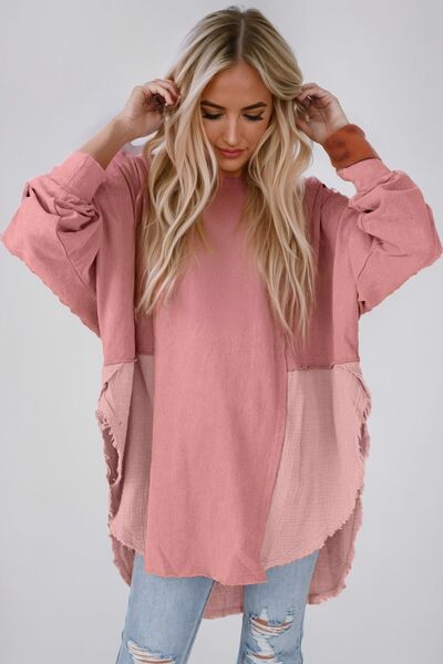 Contrast Texture Round Neck Long Sleeve Blouse Dusty Pink S 