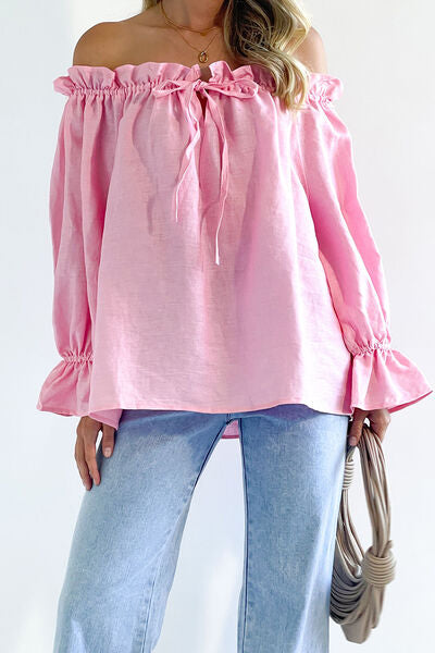 Drawstring Off-Shoulder Flounce Sleeve Blouse   