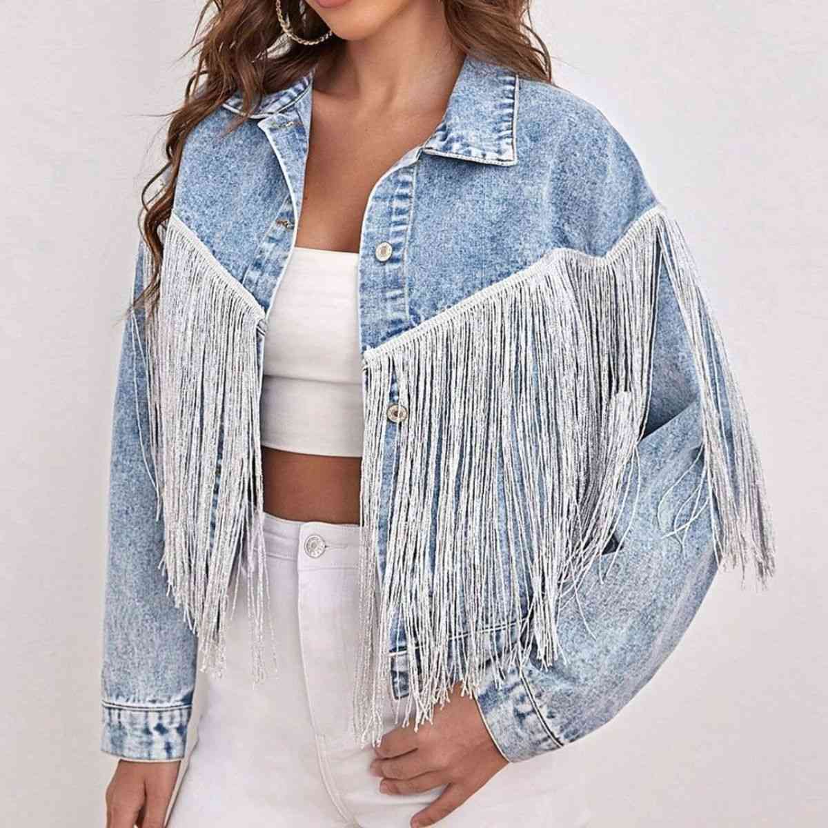 Fringe Detail Collared Neck Long Sleeve Denim Jacket   