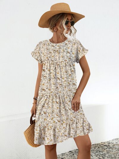 Frill Floral Round Neck Short Sleeve Tiered Dress Sand S 