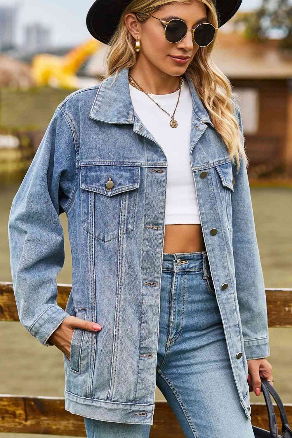 Buttoned Collared Neck Denim Jacket with Pockets Medium S 