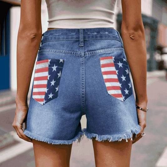 US Flag Distressed Denim Shorts Azure S 
