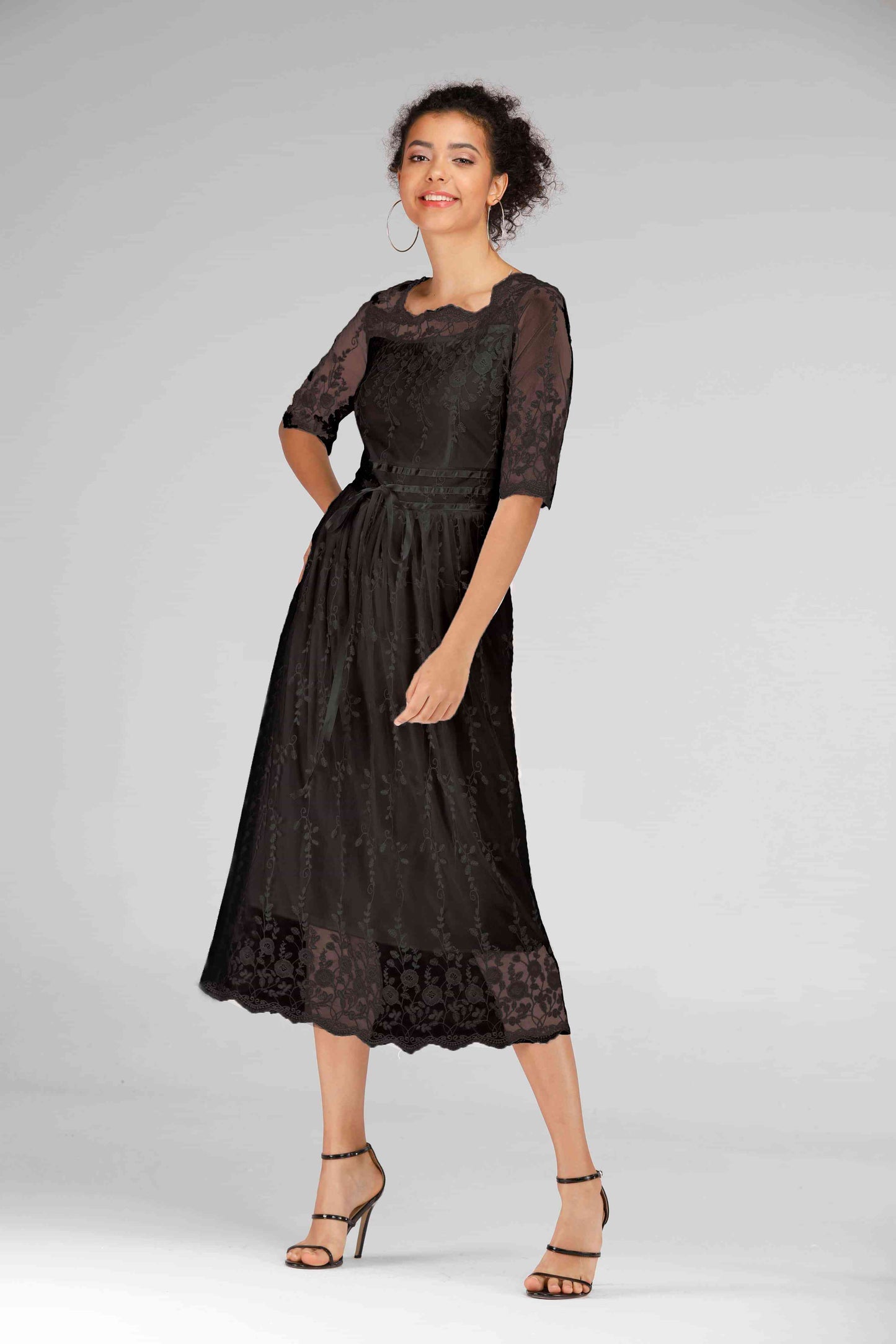 Scalloped Lace Half Sleeve Midi Dress Black S 
