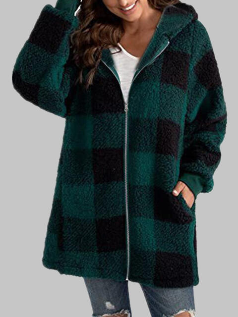 Plaid Zip-Up Hooded Jacket with Pockets Black Forest S 