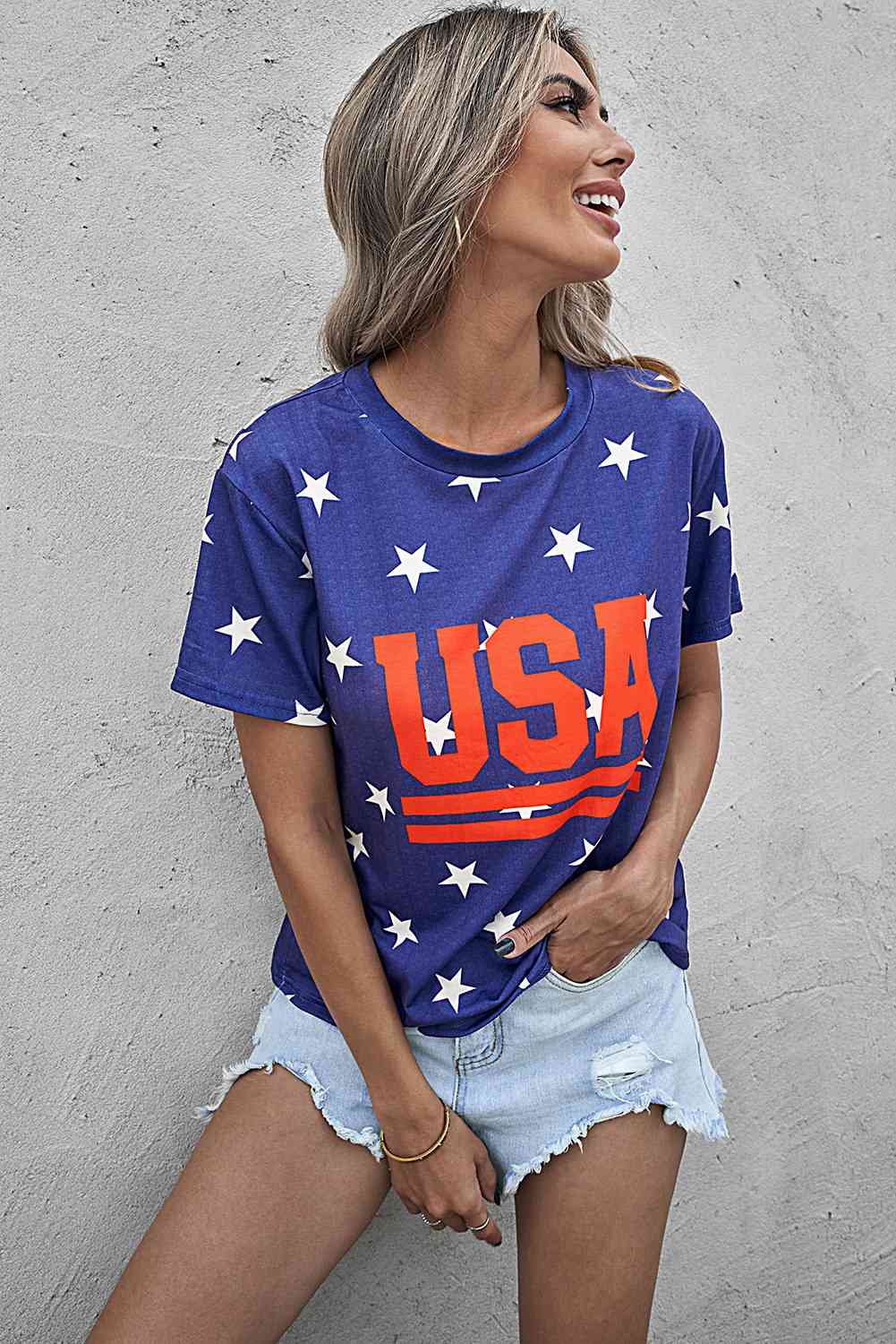 USA Star Print Round Neck T-Shirt   