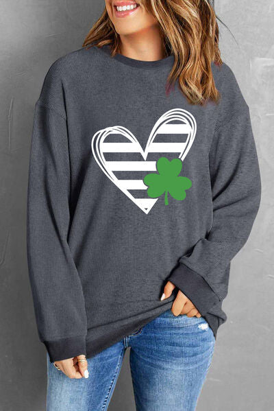 Heart Lucky Clover Round Neck Dropped Shoulder Sweatshirt Charcoal S 
