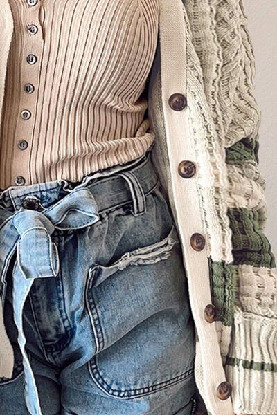 Plus Size Striped Button Up Dropped Shoulder Cardigan   