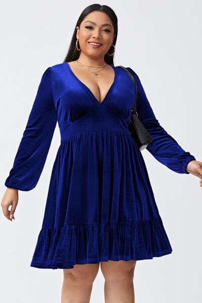 Plus Size Plunge Long Sleeve Mini Dress Cobald Blue 1XL 