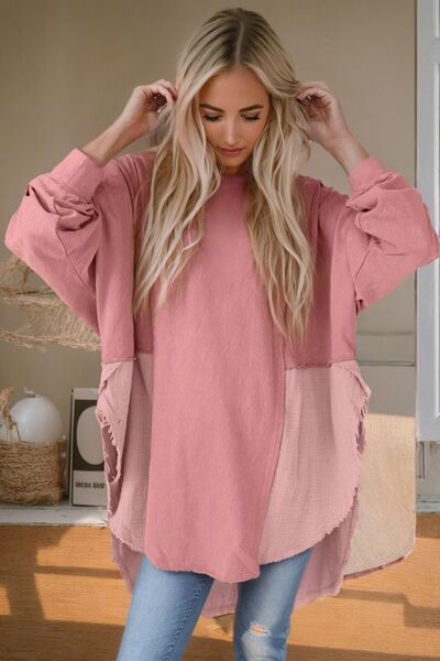 Contrast Texture Round Neck Long Sleeve Blouse   