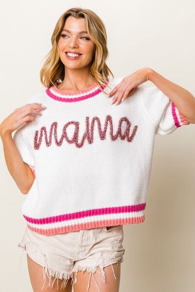 BiBi MAMA Contrast Trim Short Sleeve Sweater FuchsiaMulti S 