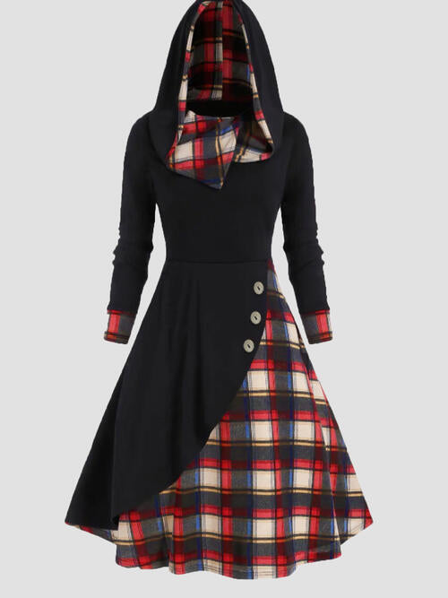 Plus Size Plaid Buttoned Long Sleeve Hooded Dress   