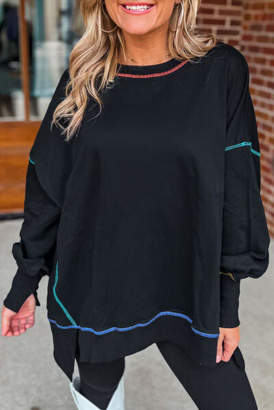 Slit Round Neck Lantern Sleeve Sweatshirt Black S 