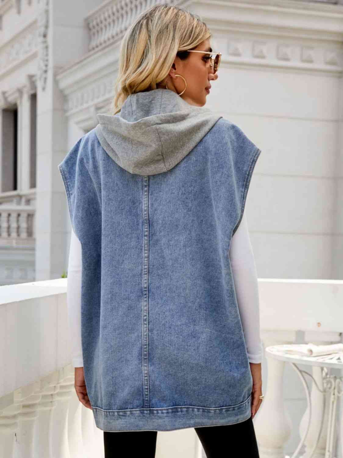 Hooded Sleeveless Denim Top with Pockets   