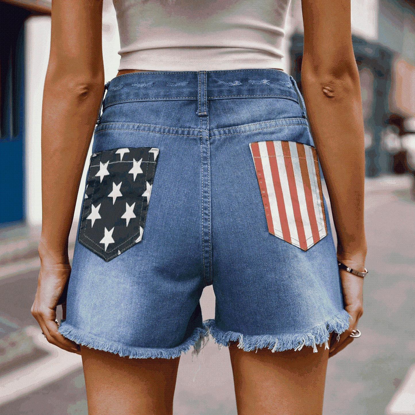 US Flag Distressed Denim Shorts Medium S 