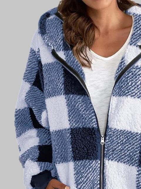 Plaid Zip-Up Hooded Jacket with Pockets   