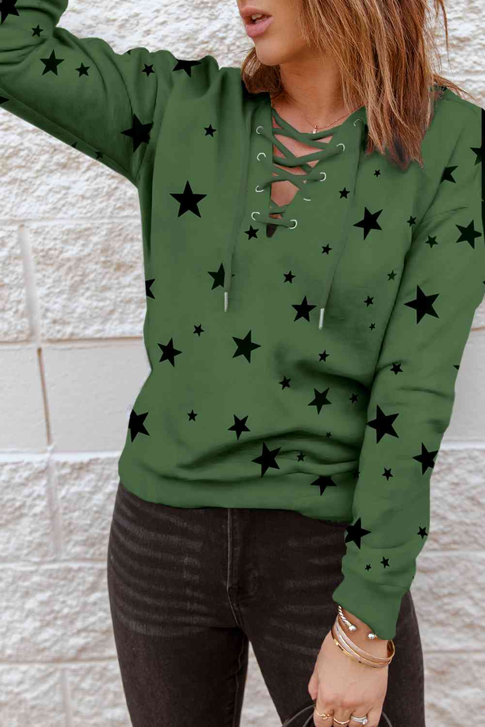 Star Pattern Lace-Up Hoodie   