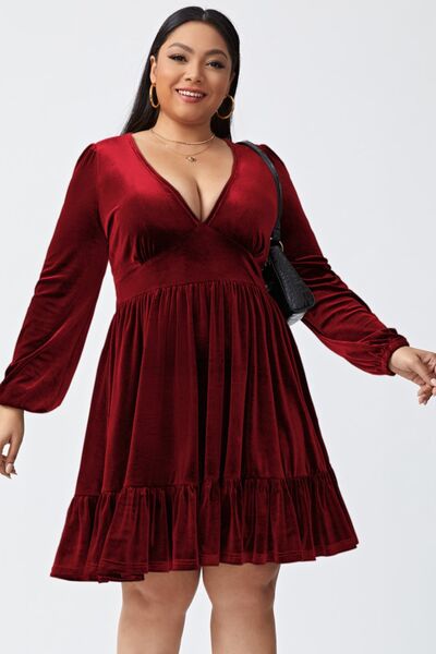 Plus Size Plunge Long Sleeve Mini Dress Wine 1XL 