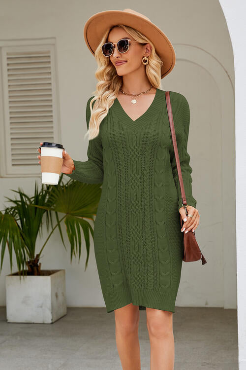 Cable-Knit Long Sleeve Sweater Dress Matcha Green S 