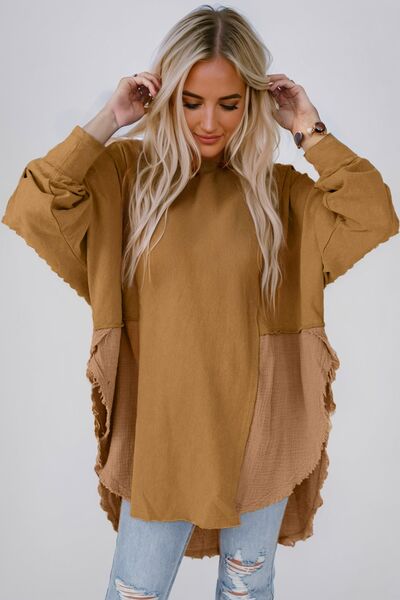 Contrast Texture Round Neck Long Sleeve Blouse Honey S 