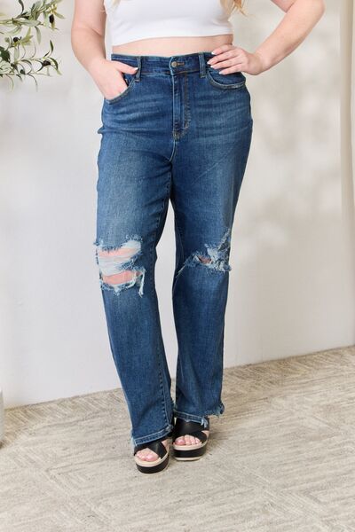 Judy Blue Full Size High Waist 90's Distressed Straight Jeans Dark 0(24) 