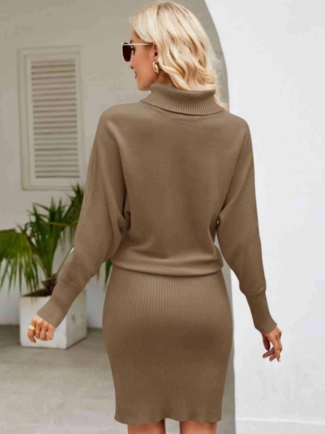 Turtle Neck Long Sleeve Ribbed Sweater Dress   