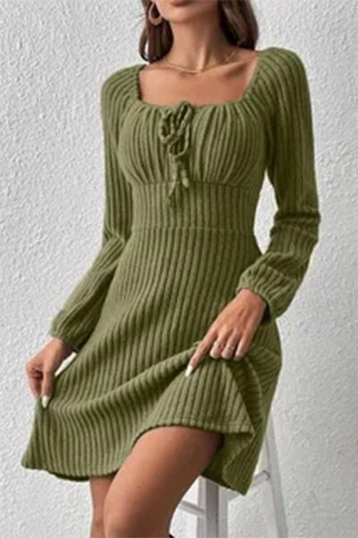 Ribbed Tied Square Neck Long Sleeve Mini Dress Moss S 