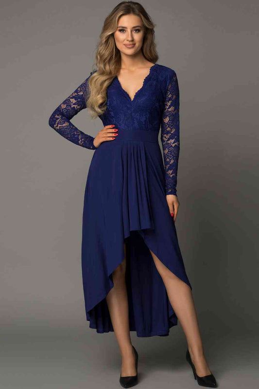 Lace High-Low V-Neck Dress Blue S 