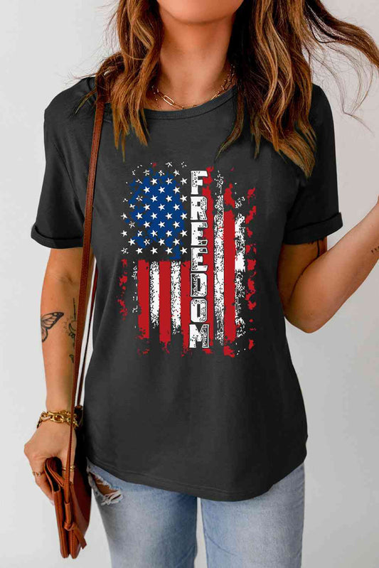 FREEDOM US Flag Graphic Round Neck Tee Black S 