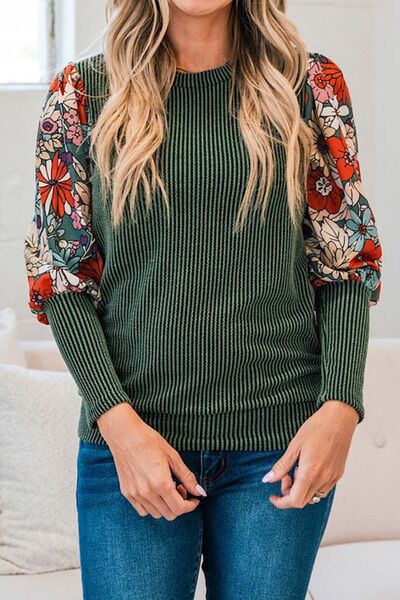 Printed Round Neck Lantern Sleeve T-Shirt Green S 