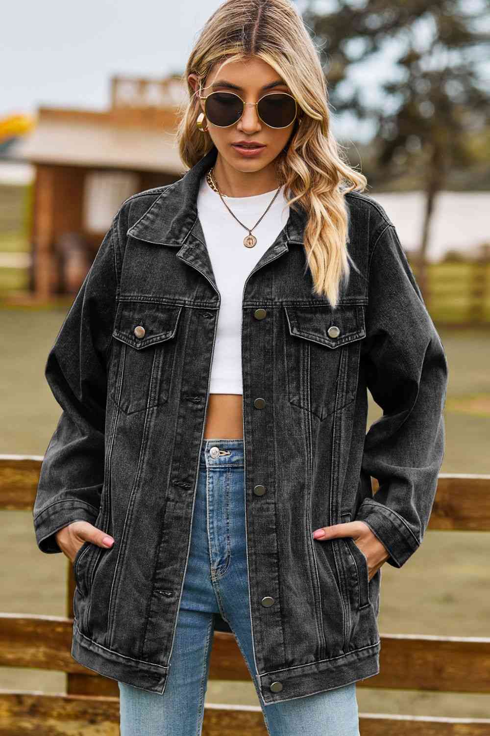 Buttoned Collared Neck Denim Jacket with Pockets Black S 