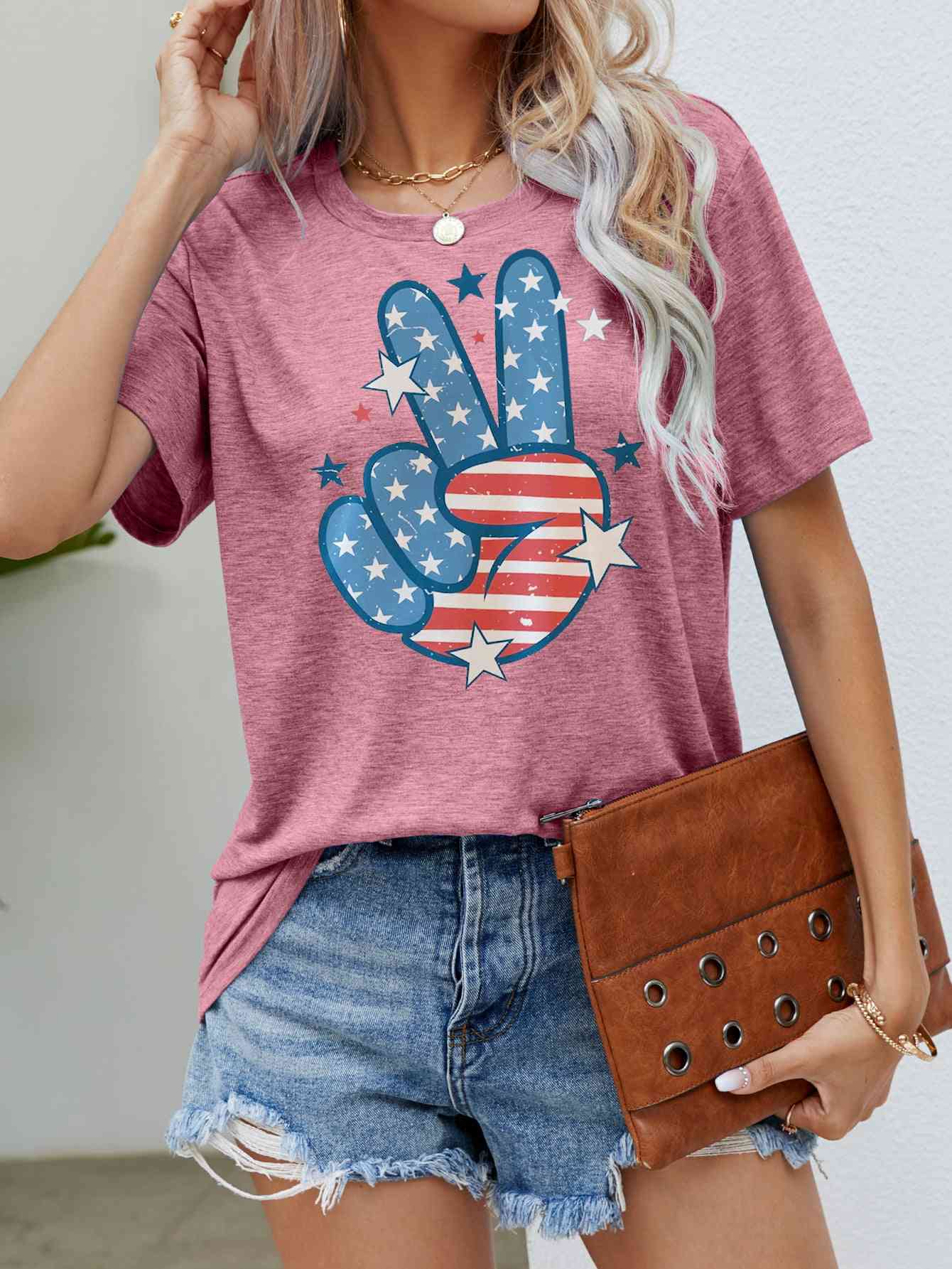 US Flag Peace Sign Hand Graphic Tee Dusty Pink S 