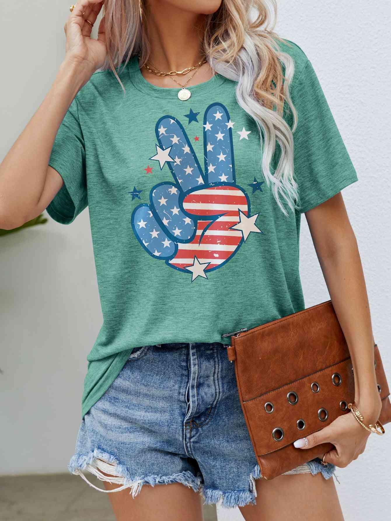 US Flag Peace Sign Hand Graphic Tee Gum Leaf S 
