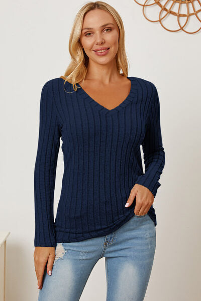 Basic Bae Full Size Ribbed V-Neck Long Sleeve T-Shirt Peacock  Blue S 