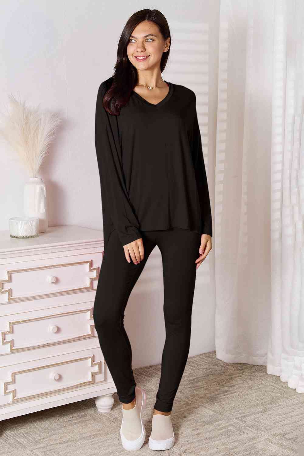 Basic Bae Full Size V-Neck Soft Rayon Long Sleeve Top and Pants Lounge Set Black S 