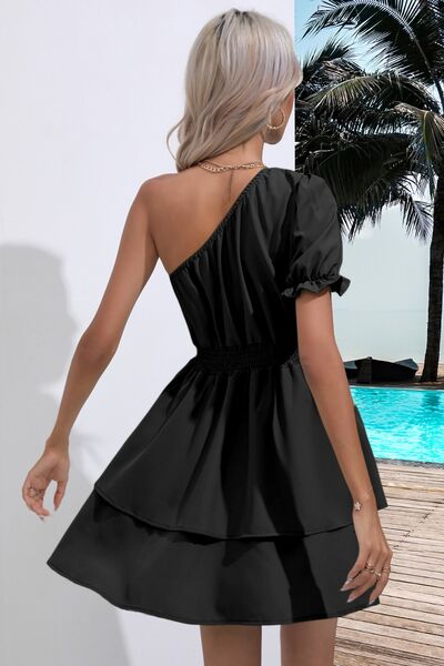 Layered Single Shoulder Flounce Sleeve Mini Dress   