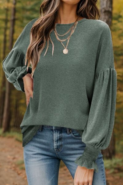 Round Neck Lantern Sleeve T-Shirt Green S 