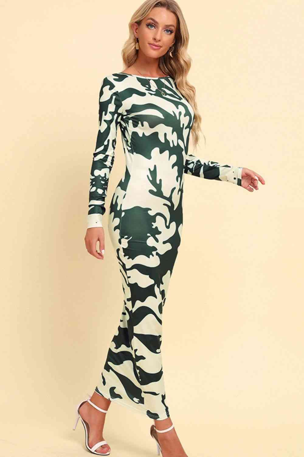 Printed Backless Long Sleeve Maxi Dress   