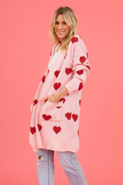 Heart Graphic Open Front Cardigan with Pockets   