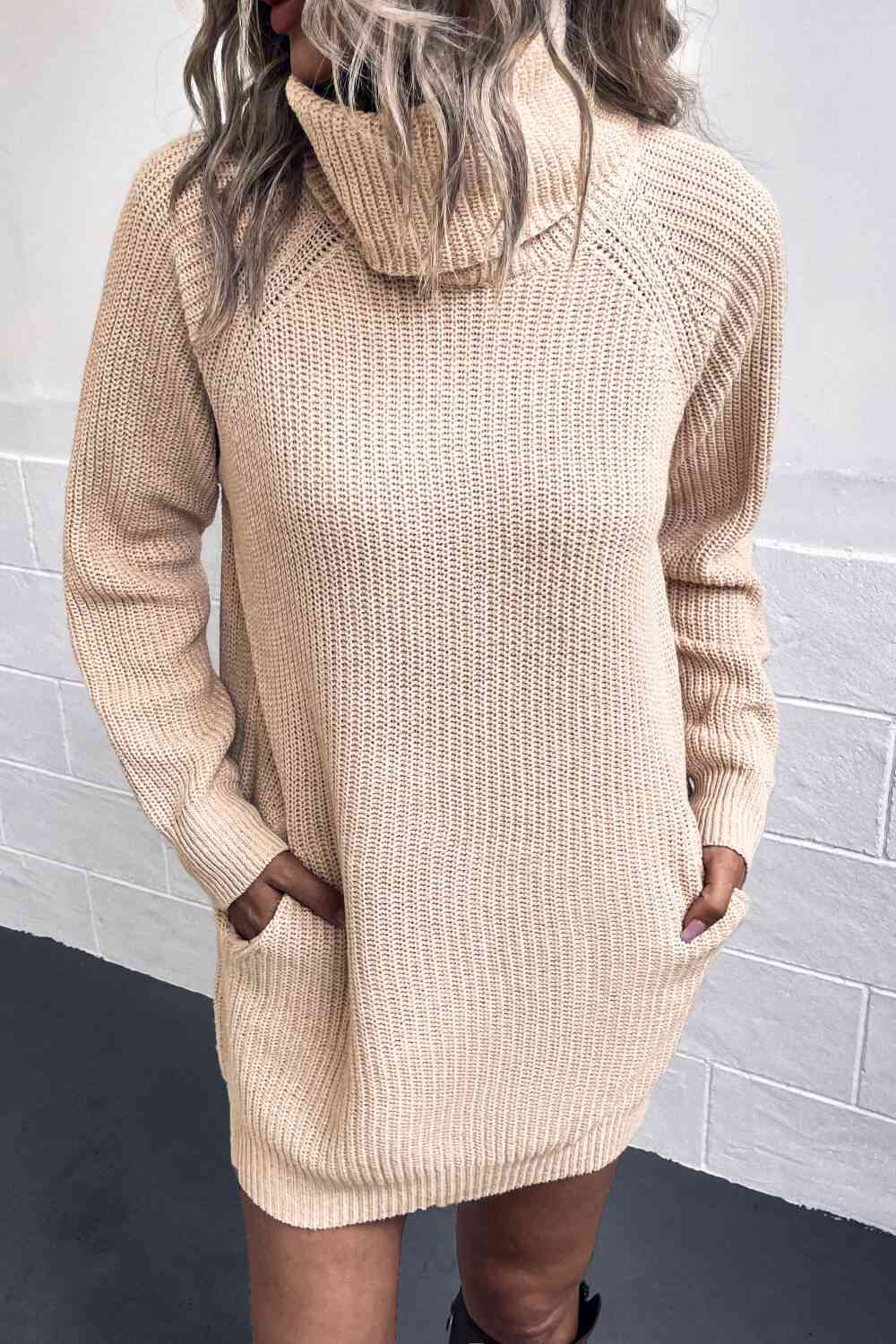 Turtleneck Sweater Dress with Pockets Beige S 