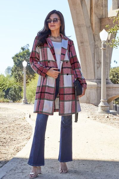 Double Take Full Size Plaid Button Up Lapel Collar Coat Deep Red S 