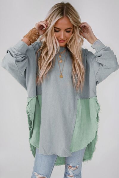 Contrast Texture Round Neck Long Sleeve Blouse   