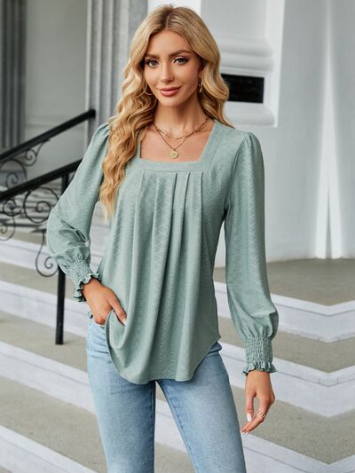 Ruched Square Neck Lantern Sleeve Blouse Sage S 