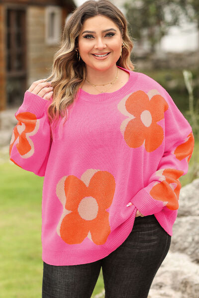 Plus Size Flower Graphic Round Neck Dropped Shoulder Sweater Hot Pink 1XL 