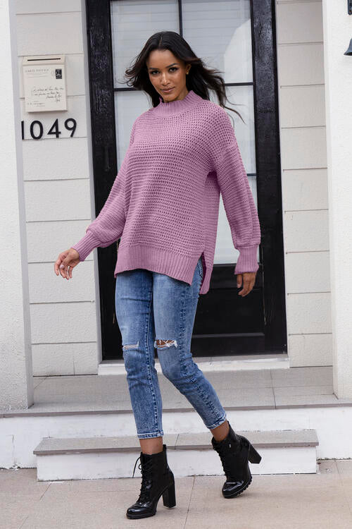 Round Neck Slit Sweater Lilac S 