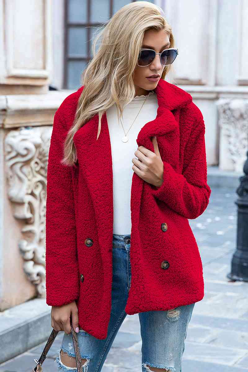 Full Size Lapel Collar Sherpa Coat Deep Red S 