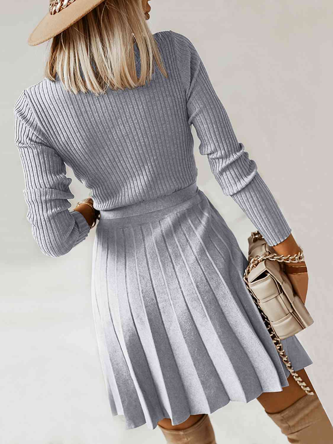 Surplice Neck Tie Front Pleated Sweater Dress   