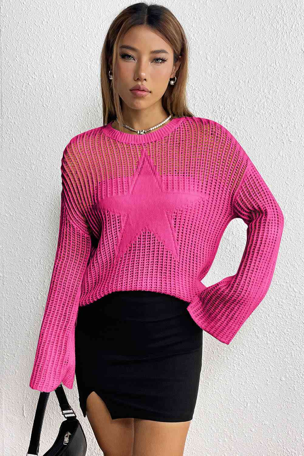Star Rib-Knit Sweater Hot Pink XS 