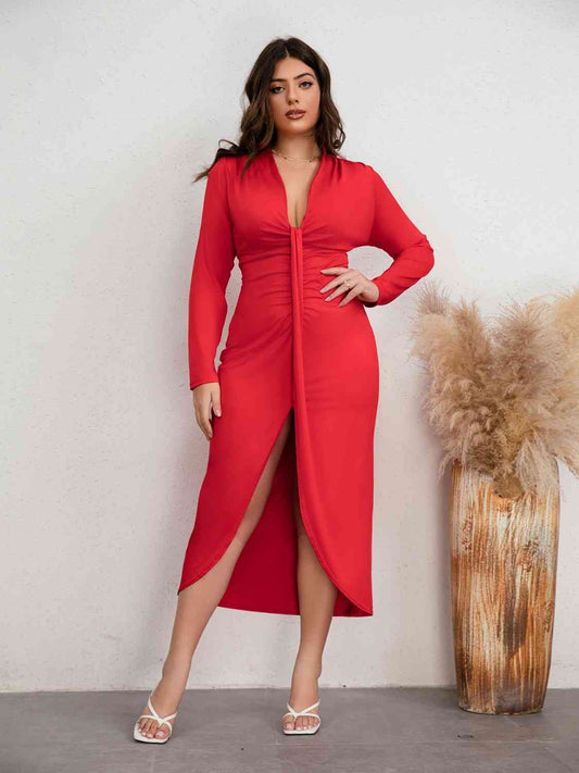 Plus Size Plunge Ruched Slit Dress Red 0XL 